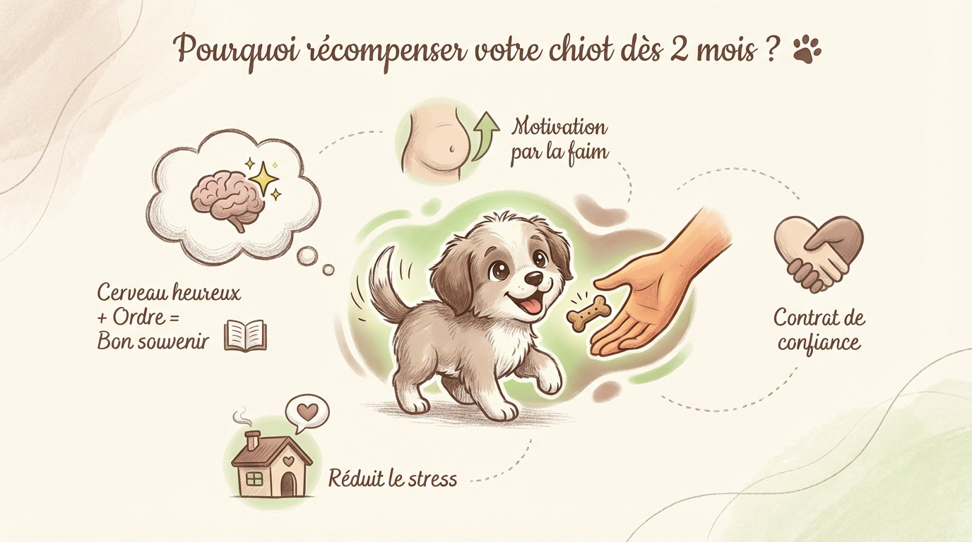 Chiot de 2 mois recevant une friandise naturelle pour son éducation