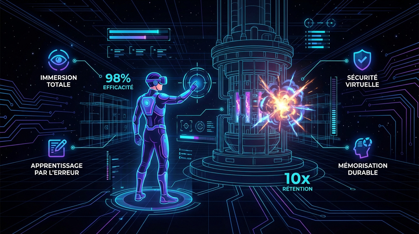 Employé utilisant un casque de réalité virtuelle pour une simulation de sécurité au travail
