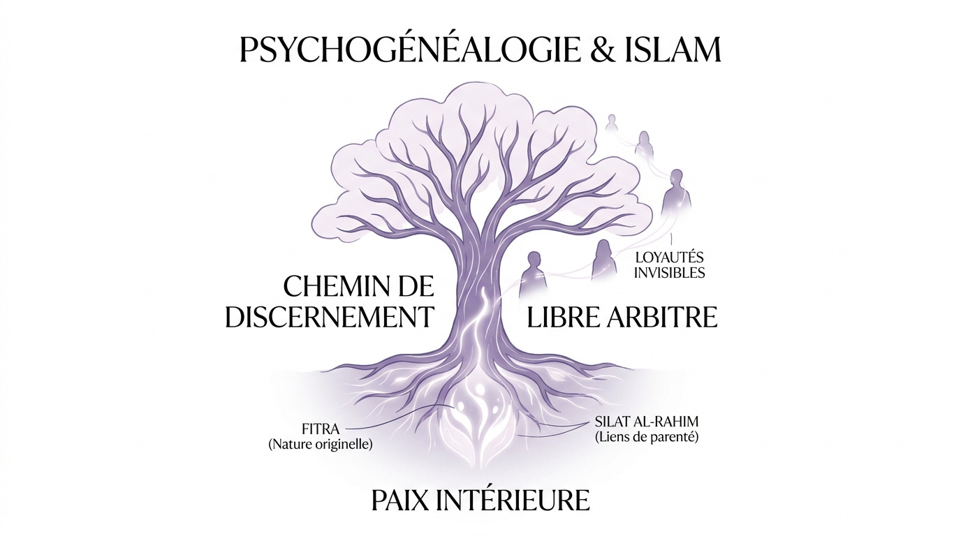 Représentation visuelle de l'arbre généalogique apaisé et de la fitra en psychogénéalogie