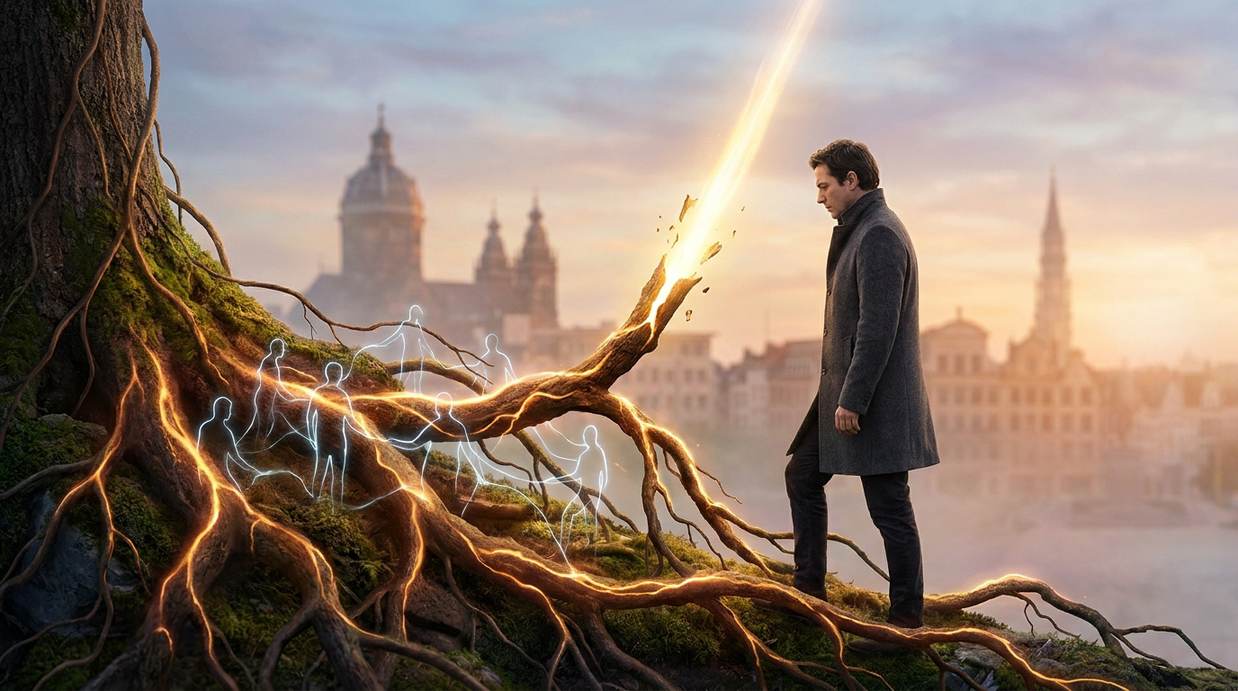 Racines lumineuses et transformation — illustration psychogénéalogie Bruxelles