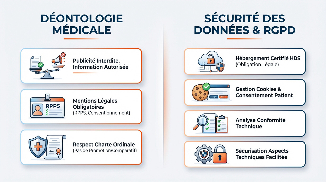 Infographie sur la réglementation et l'éthique des sites médicaux, incluant la conformité RGPD et le code de déontologie