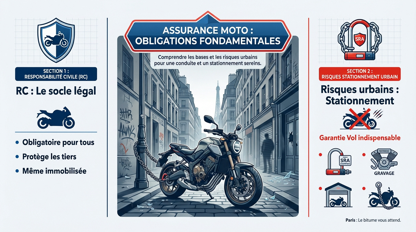 Moto stationnée dans une rue de Paris illustrant les risques urbains et l'obligation d'assurance
