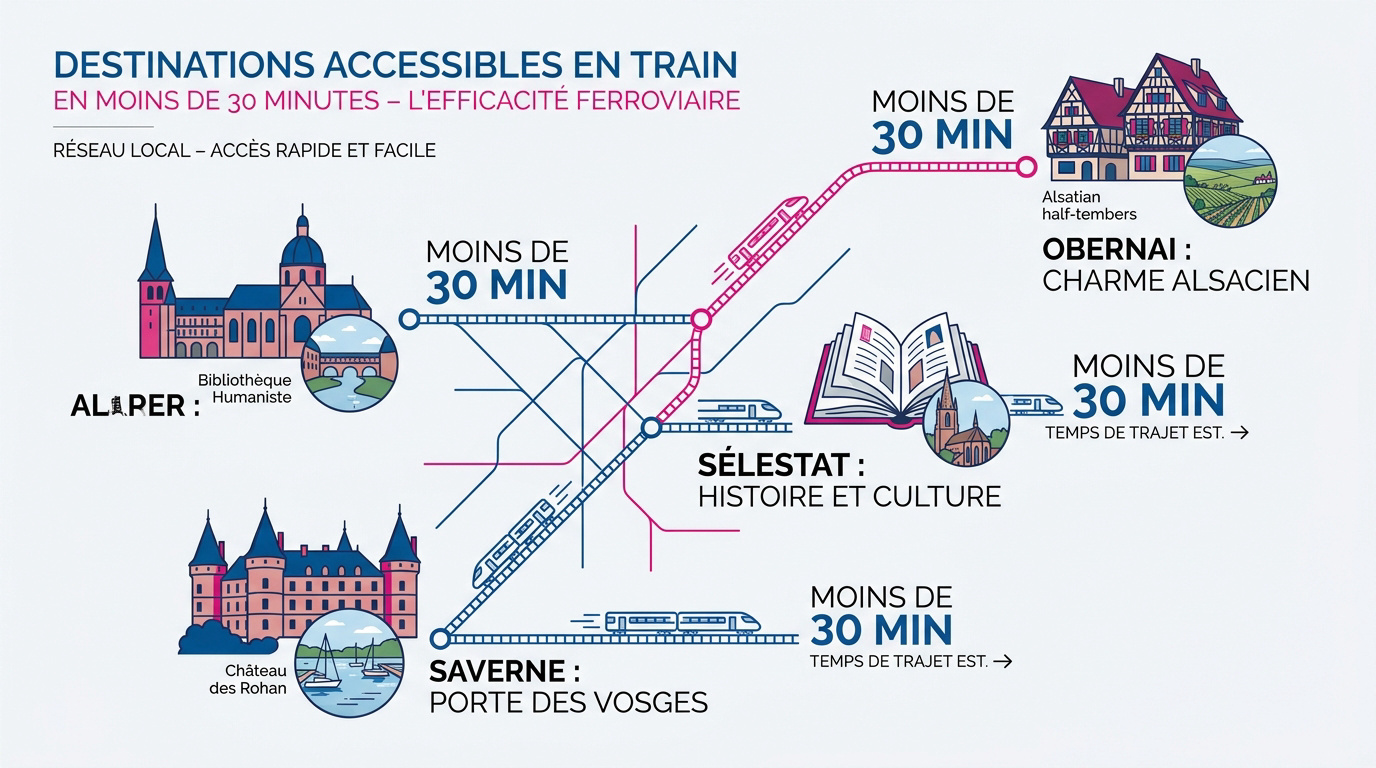 Vue panoramique des villes de Saverne, Sélestat et Obernai accessibles en train depuis Strasbourg