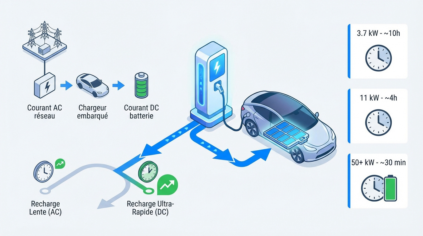 Schéma du flux d'énergie entre une borne de recharge et la batterie d'un véhicule électrique