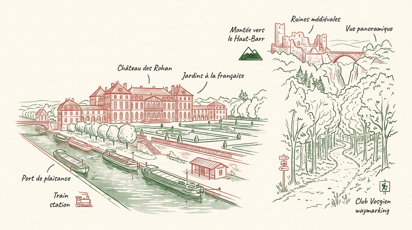 Vue panoramique sur le port de plaisance et le château des Rohan à Saverne