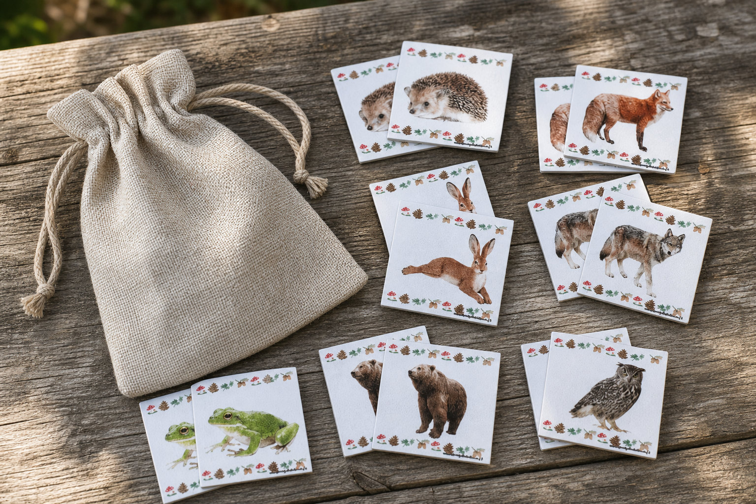 Jeu memory enfant en tissu animaux de la forêt