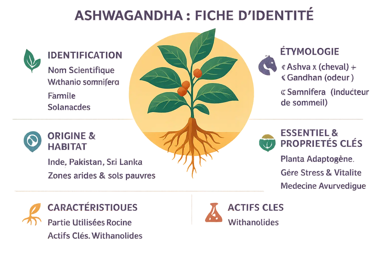 Ashwagandha - Fiche d'identité botanique avec schéma des racines et baies