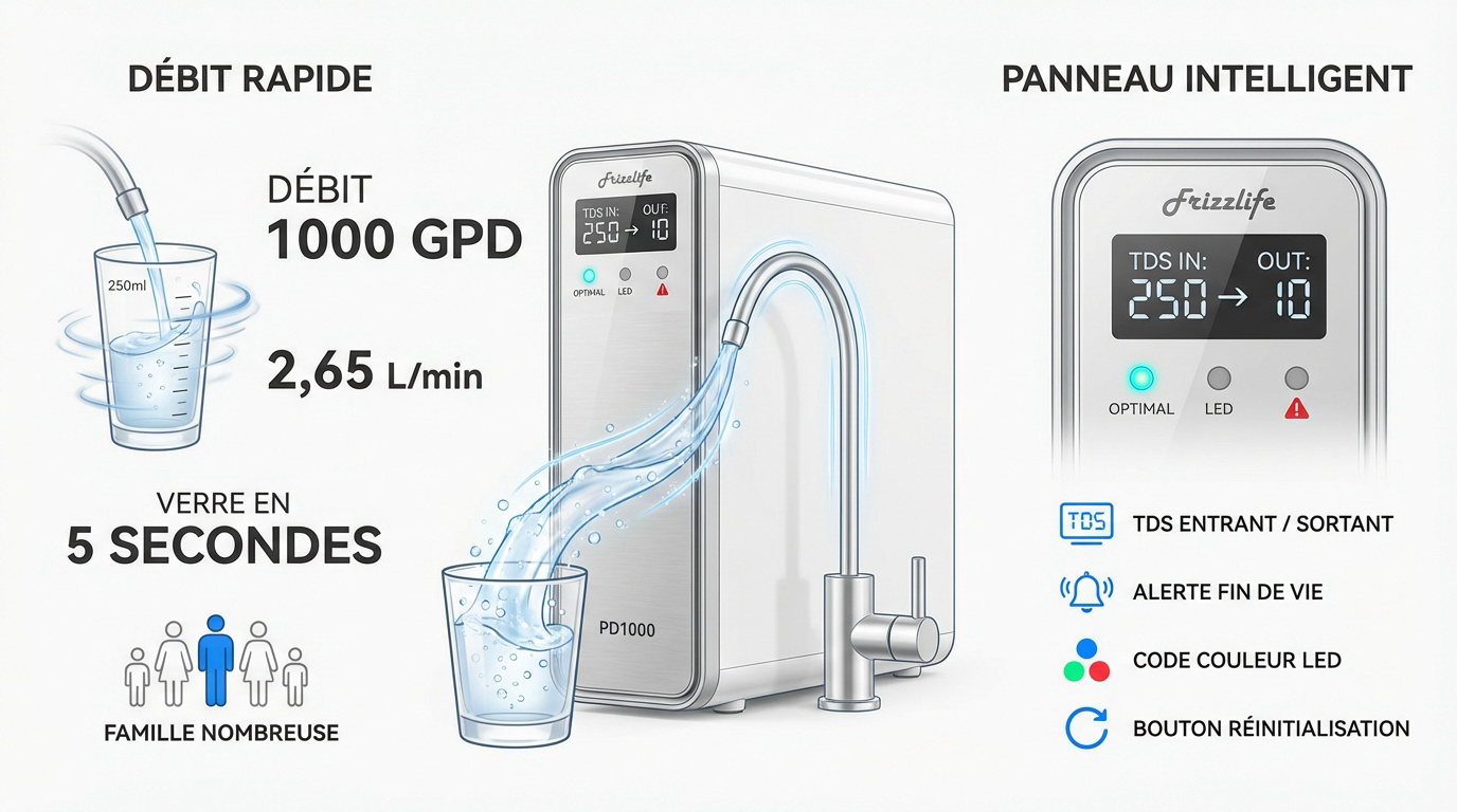 Frizzlife PD1000 affichant son débit rapide et son panneau de contrôle intelligent