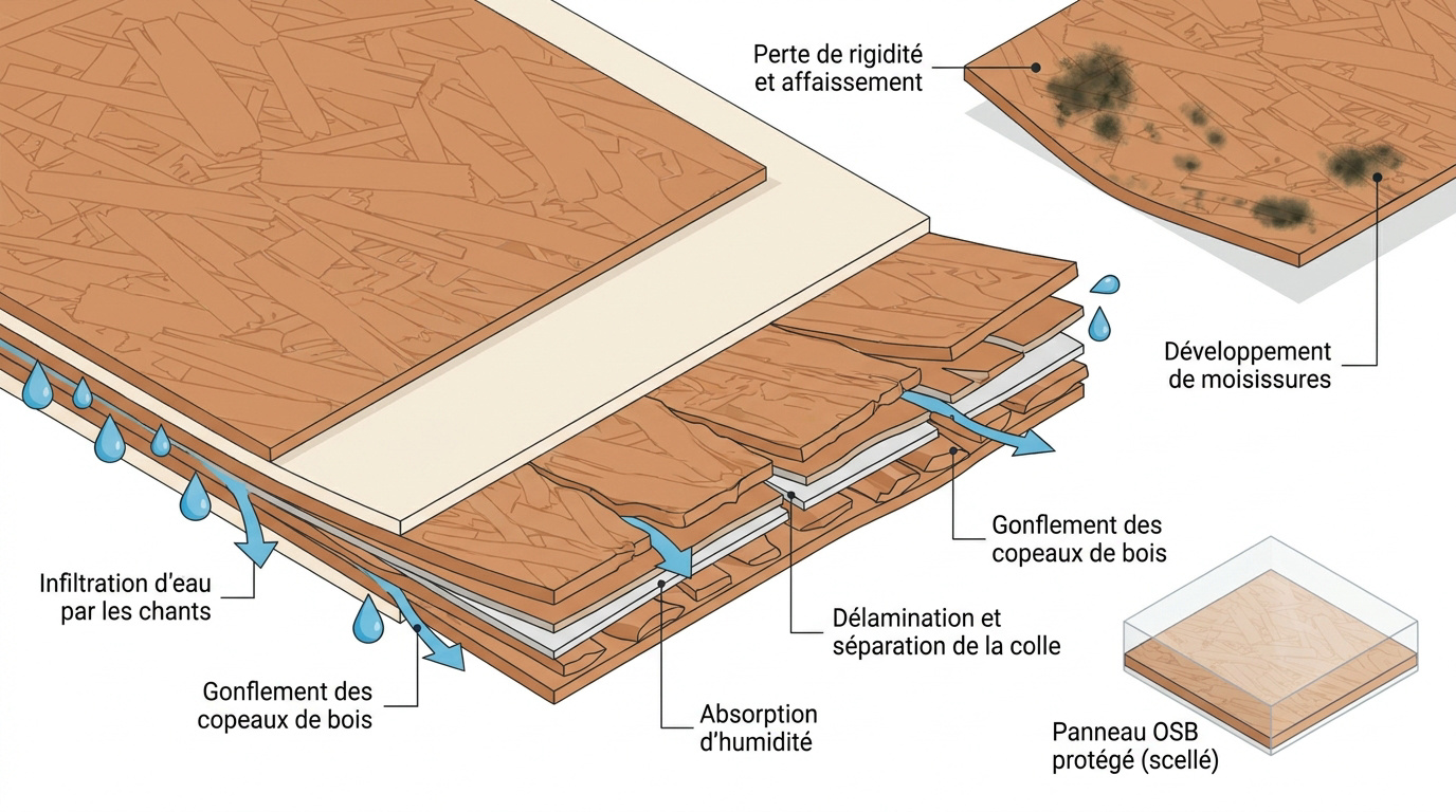 Panneau OSB dégradé par l'humidité et la pluie montrant un gonflement des fibres