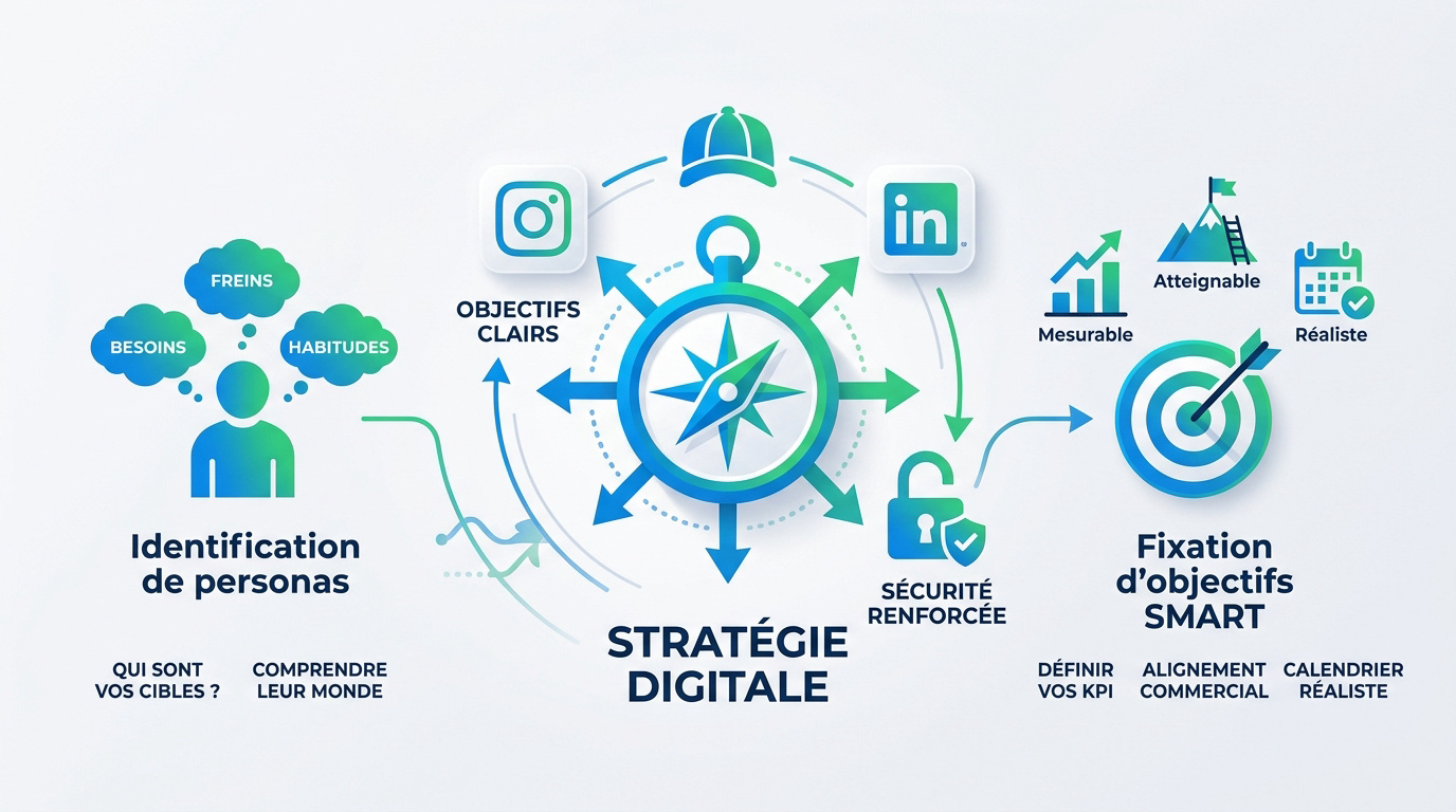 Schéma illustrant les bases d'une stratégie digitale et la méthode des objectifs SMART