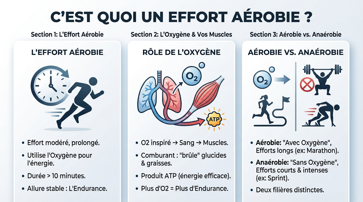 Schéma illustrant l'utilisation de l'oxygène par les muscles durant un effort aérobie d'endurance