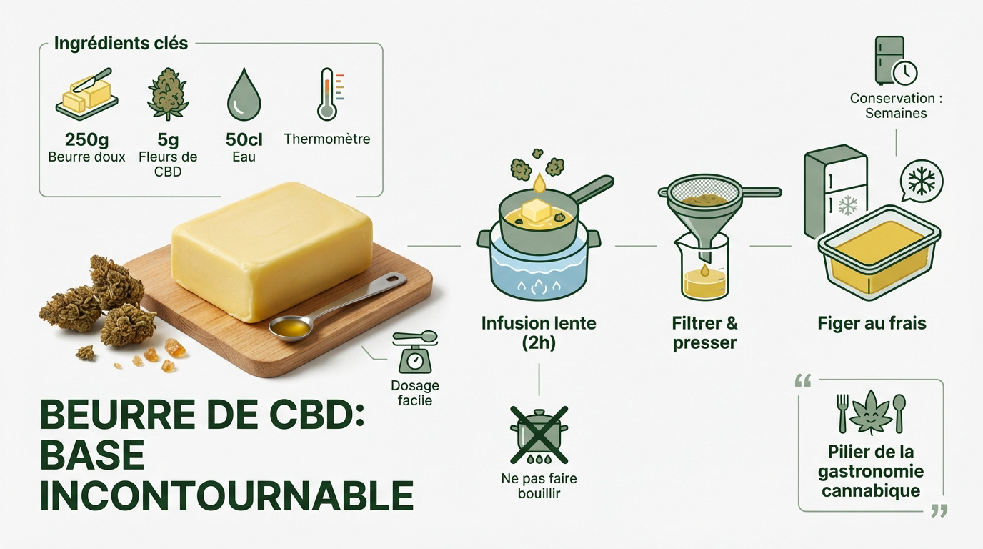 Infographie illustrant les étapes de préparation du beurre de CBD maison