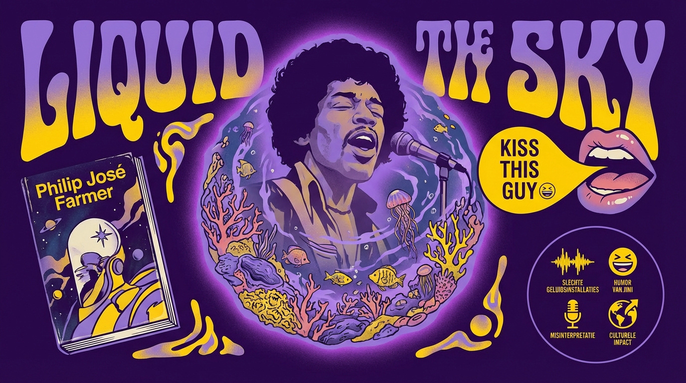 Psychedelische poster van Jimi Hendrix met vloeibare typografie en paarse tinten