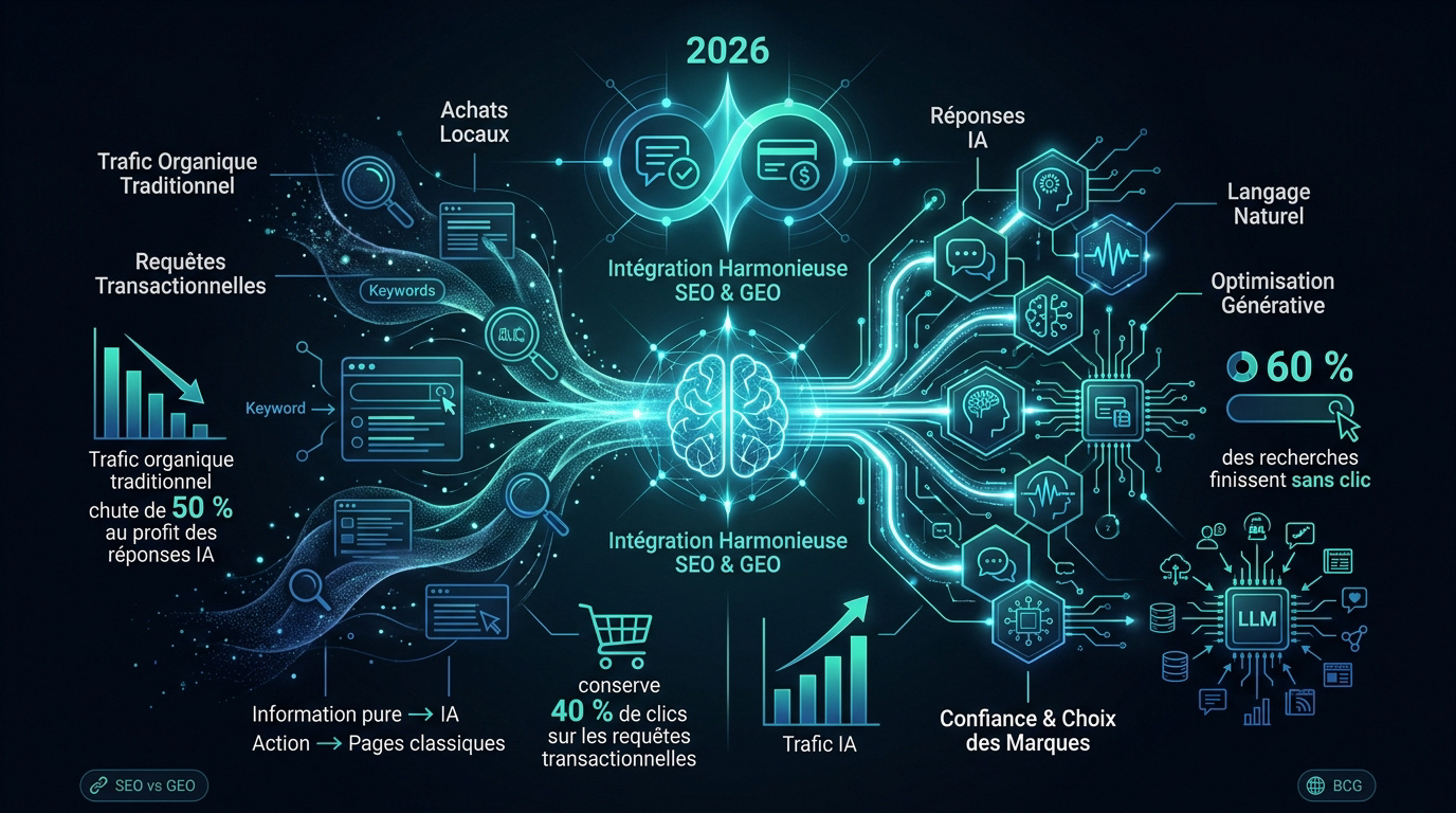 Graphique montrant l'intégration du SEO et du GEO dans une stratégie digitale en 2026