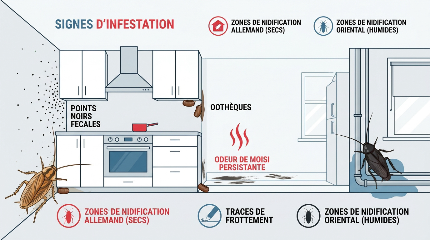 Traces de déjections et oothèques de cafards dans une cuisine infestée