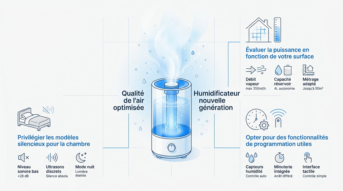 Purificateur d air : comment bien choisir Infographie présentant les caractéristiques techniques d'un humidificateur d'air moderne avec capteurs et options de programmation