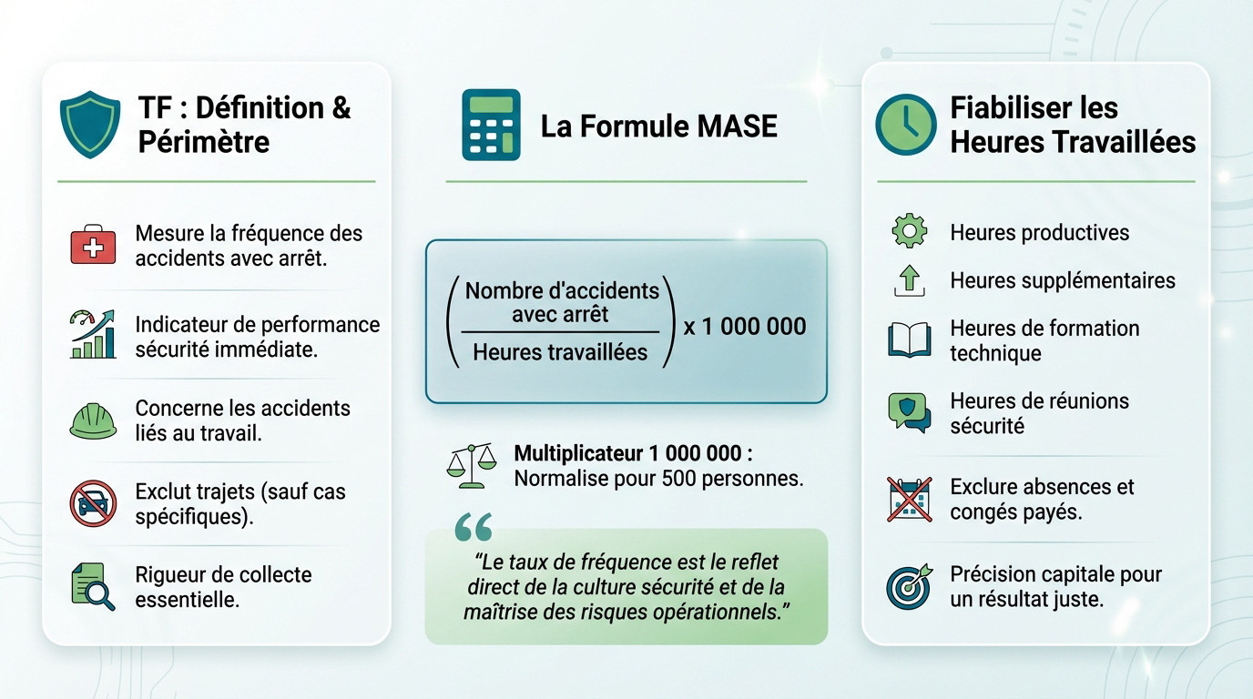 Infographie détaillant la formule et les composantes du calcul du taux de fréquence MASE