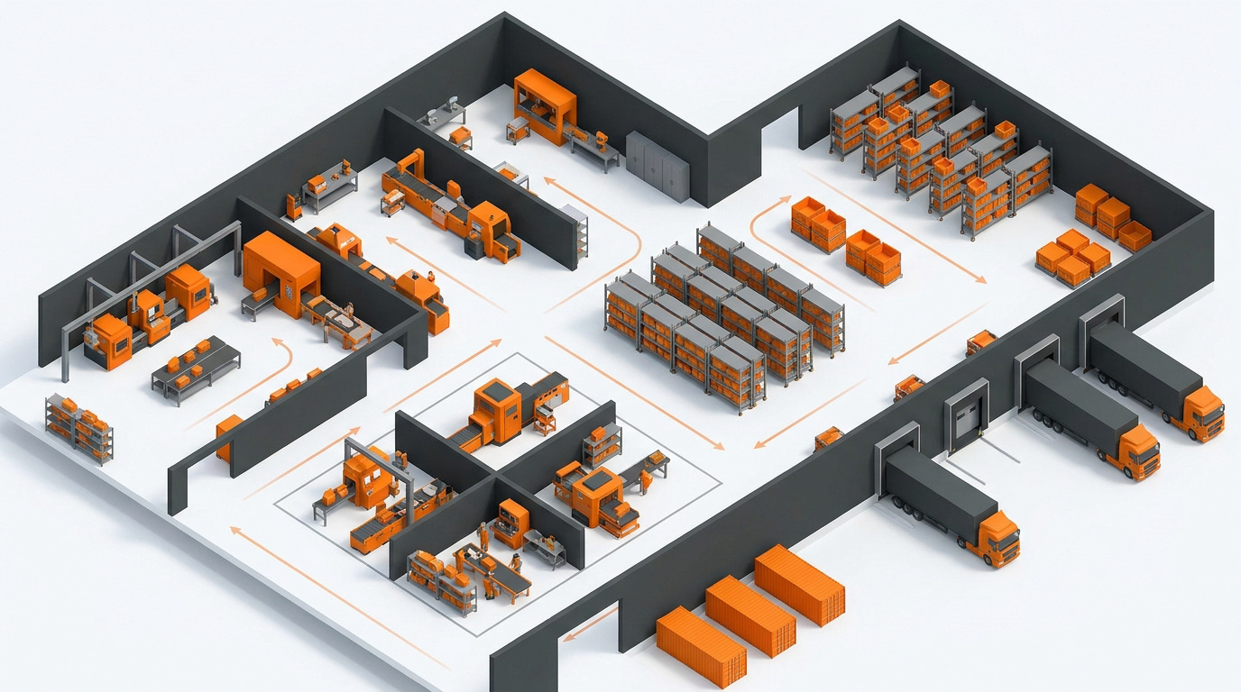 Vue d'un atelier industriel moderne avec un zonage clair et des postes de travail ergonomiques