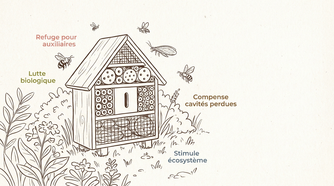 Un abri à insectes en bois installé dans un jardin fleuri pour favoriser la biodiversité