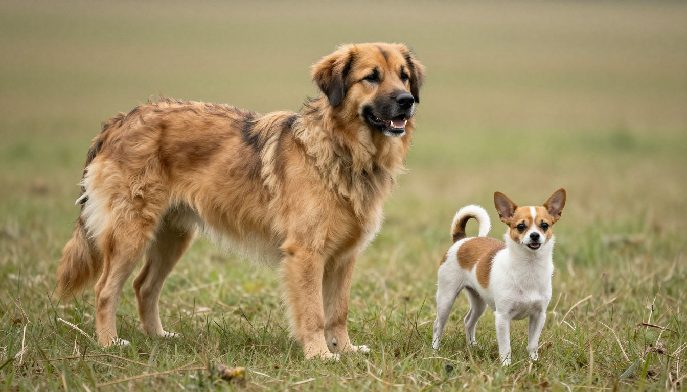 Grand et petit chien côte à côte dans un champ