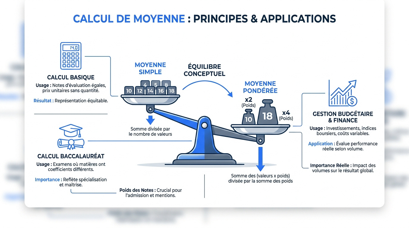 Illustration des concepts de moyenne simple et pondérée pour un calculateur de moyenne
