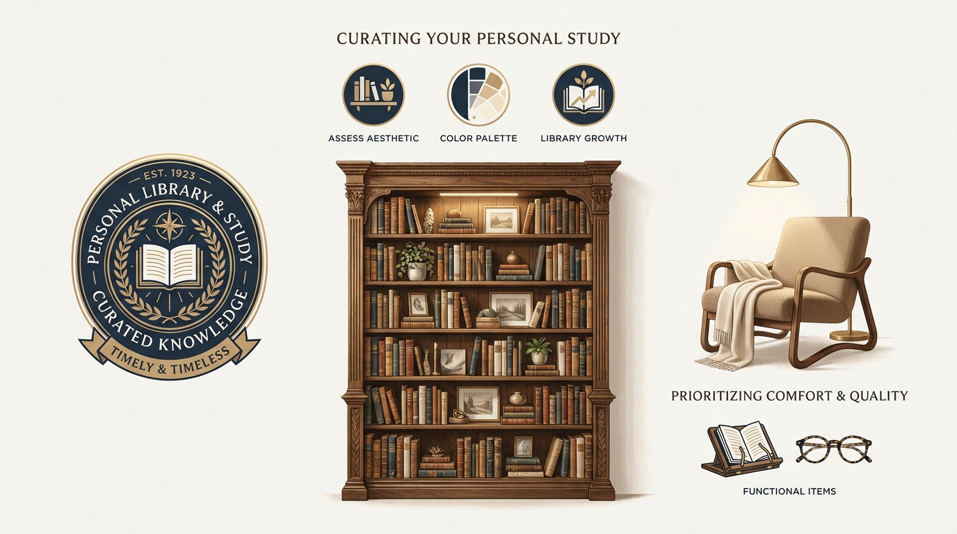 A perfectly curated personal study with organized bookshelves and a cozy reading nook setup.