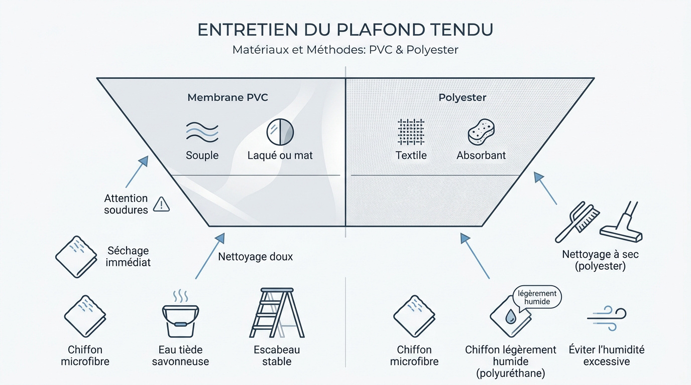 Nettoyage et entretien d'un plafond tendu en PVC et polyester