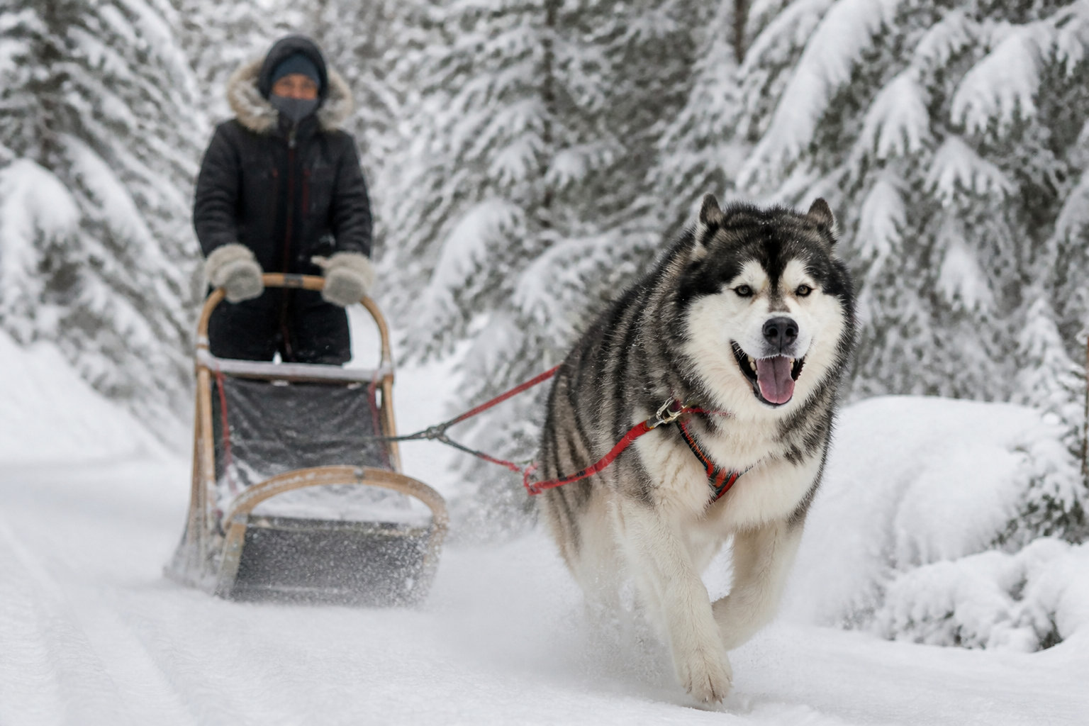 Alaskan Malamute en séance de traîneau dans une forêt enneigée