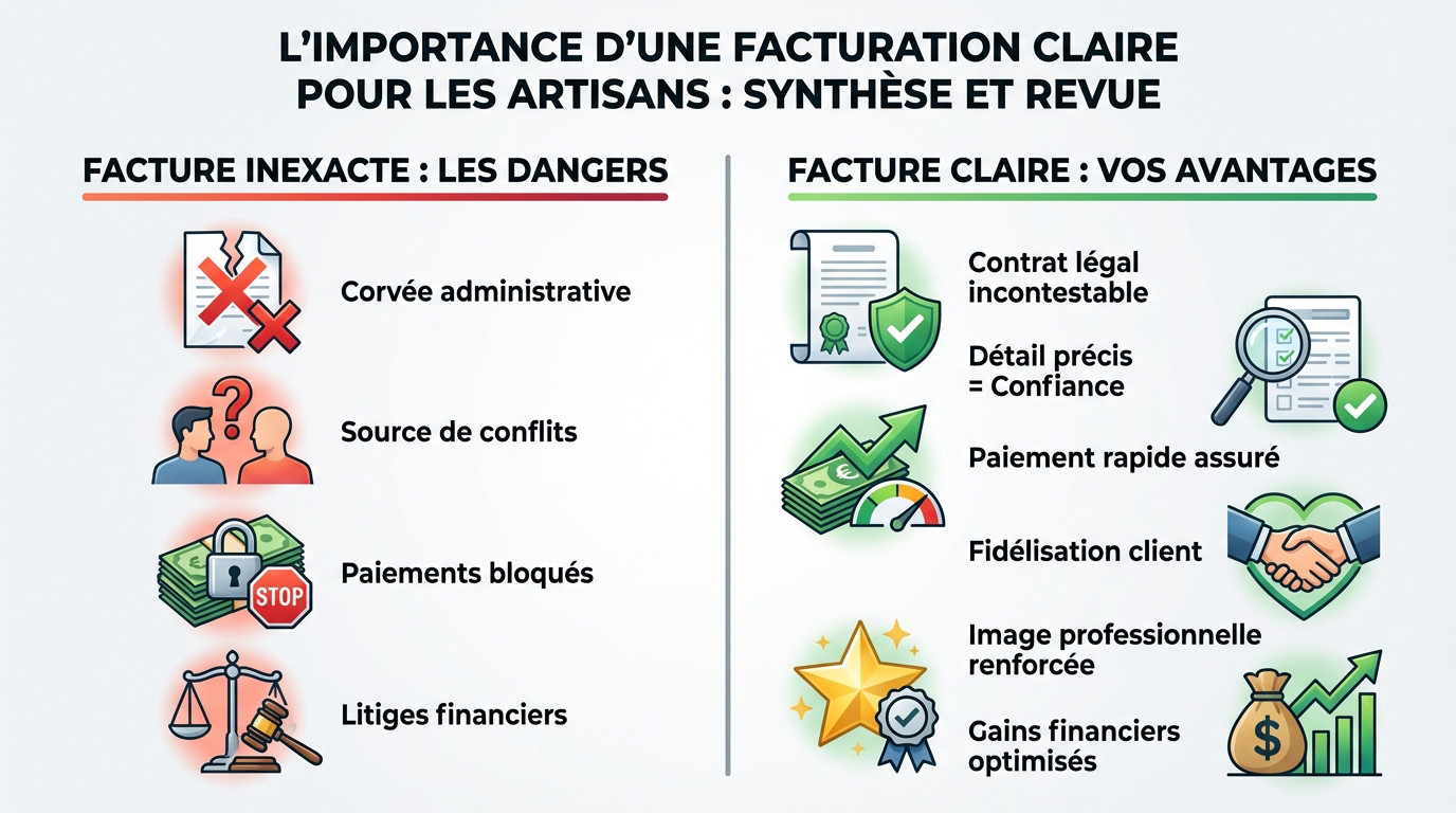 Comparaison entre une facture floue risquée et une facturation claire pour artisans