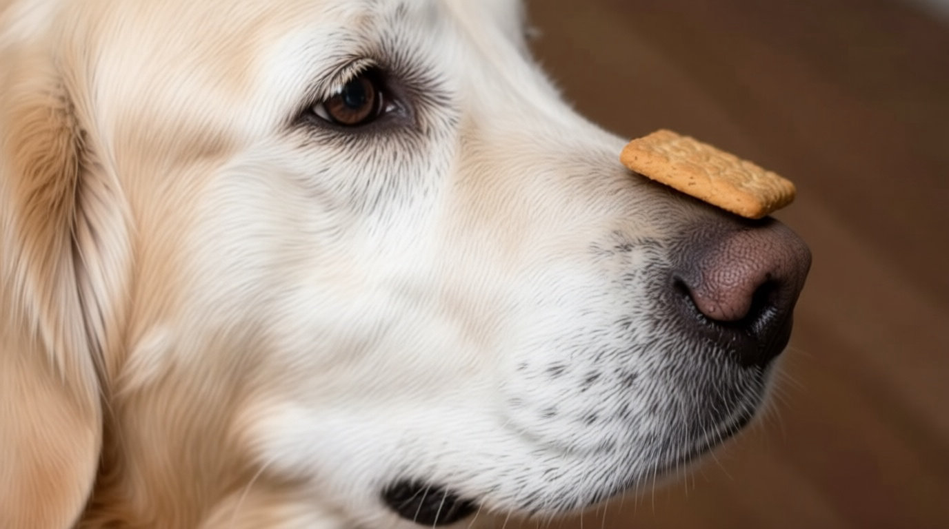 Chien golden avec une friandise posée sur le museau