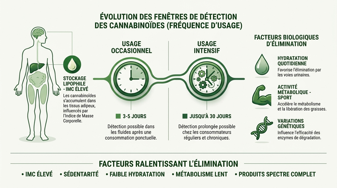 Tableau des durées de détection du THC et métabolites dans l'urine et la salive
