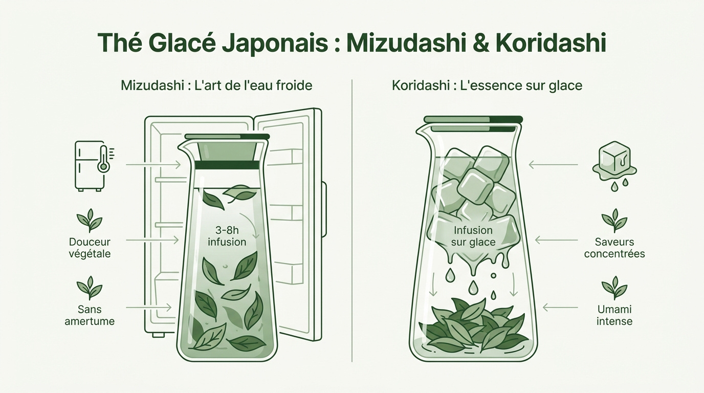 Préparation de thé glacé japonais selon les méthodes Mizudashi et Koridashi