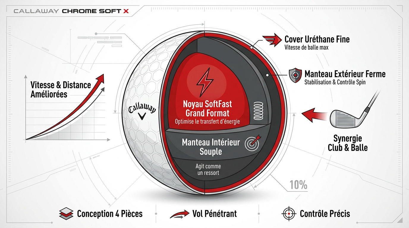 Structure interne de la balle Callaway Chrome Soft X montrant le noyau et les couches de manteau