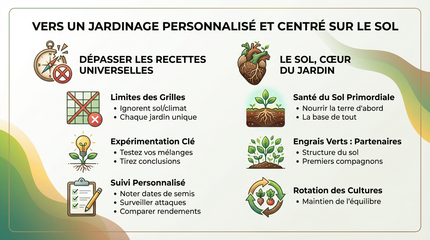 Jardinier observant la structure de son sol pour adapter ses associations de plantes