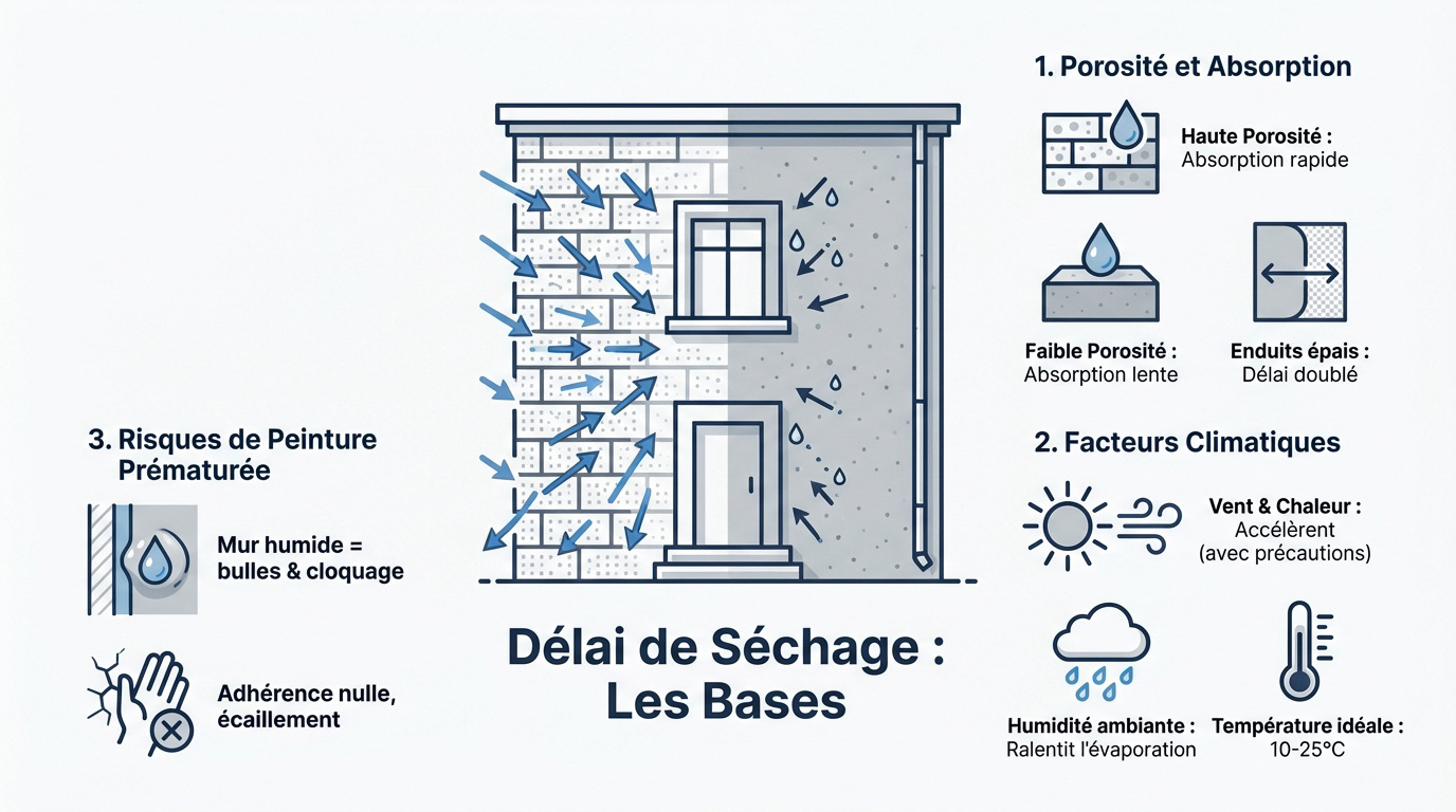 Infographie sur les délais de séchage entre ravalement et peinture de façade
