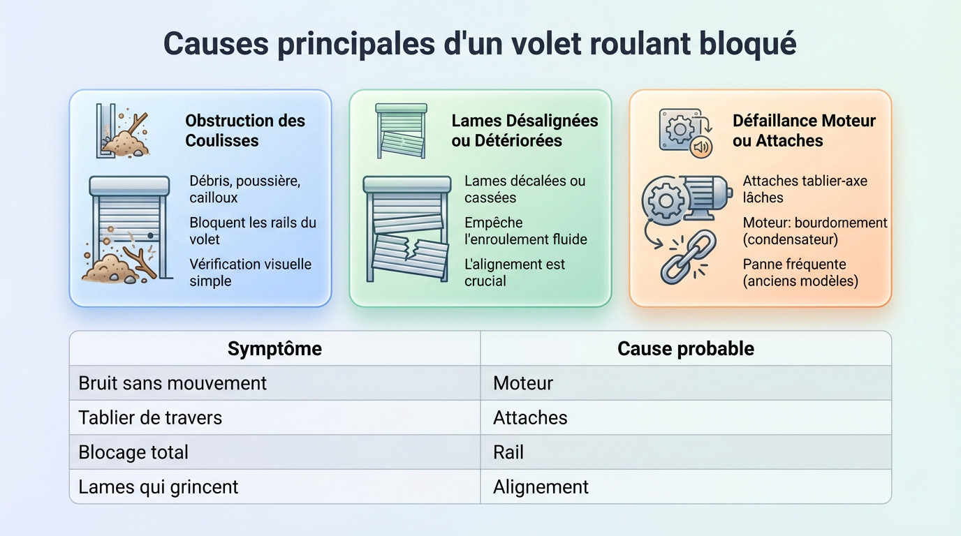 Schéma des causes principales d'un volet roulant bloqué : coulisses, tablier et moteur