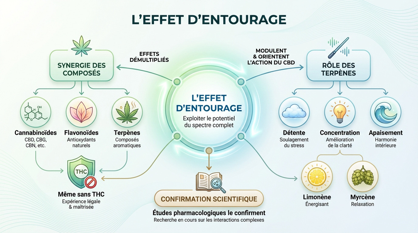 Schéma expliquant la synergie entre les terpènes et le CBD dans l'effet d'entourage