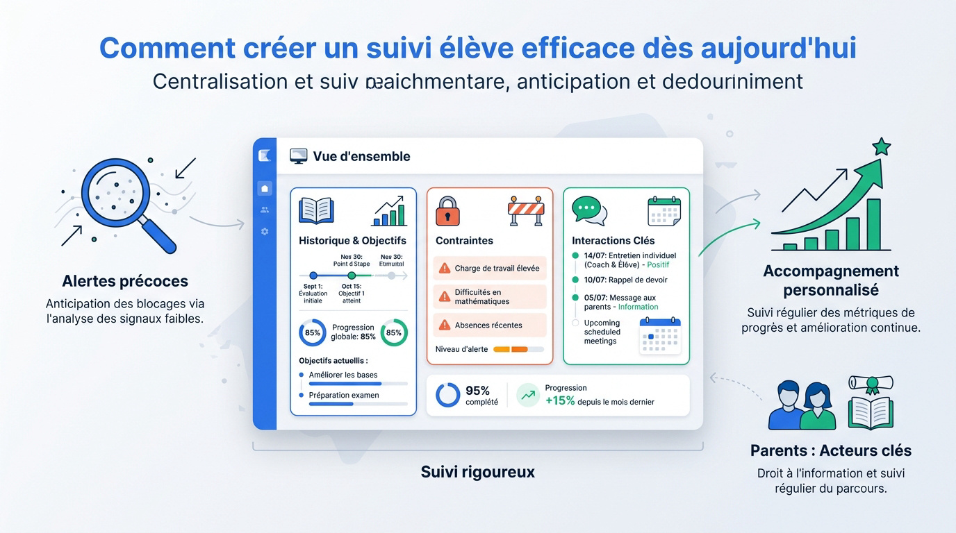 Tableau de bord de suivi élève centralisant les données de progression et les alertes de performance