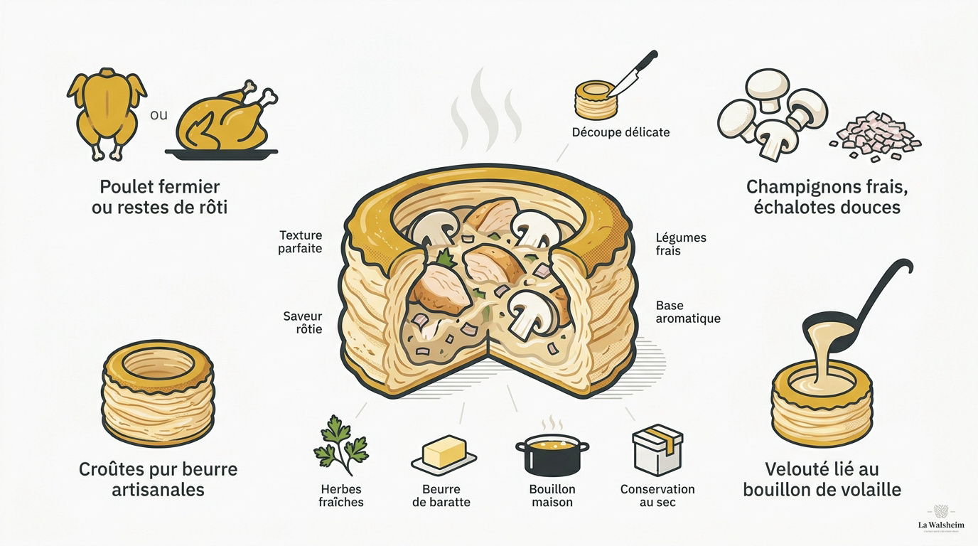 Vol-au-vent traditionnel garni de poulet et champignons