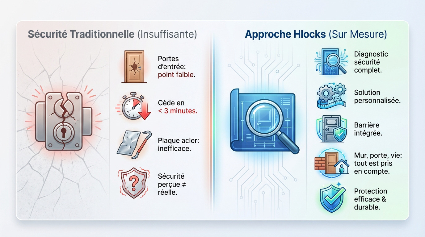 Comparaison entre une porte standard vulnérable et un blindage sur mesure Hlocks à Bruxelles