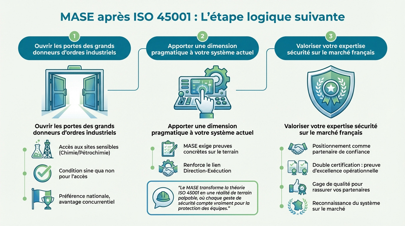 Technicien industriel vérifiant la conformité sécurité sur un site Seveso, illustrant la complémentarité MASE et ISO 45001