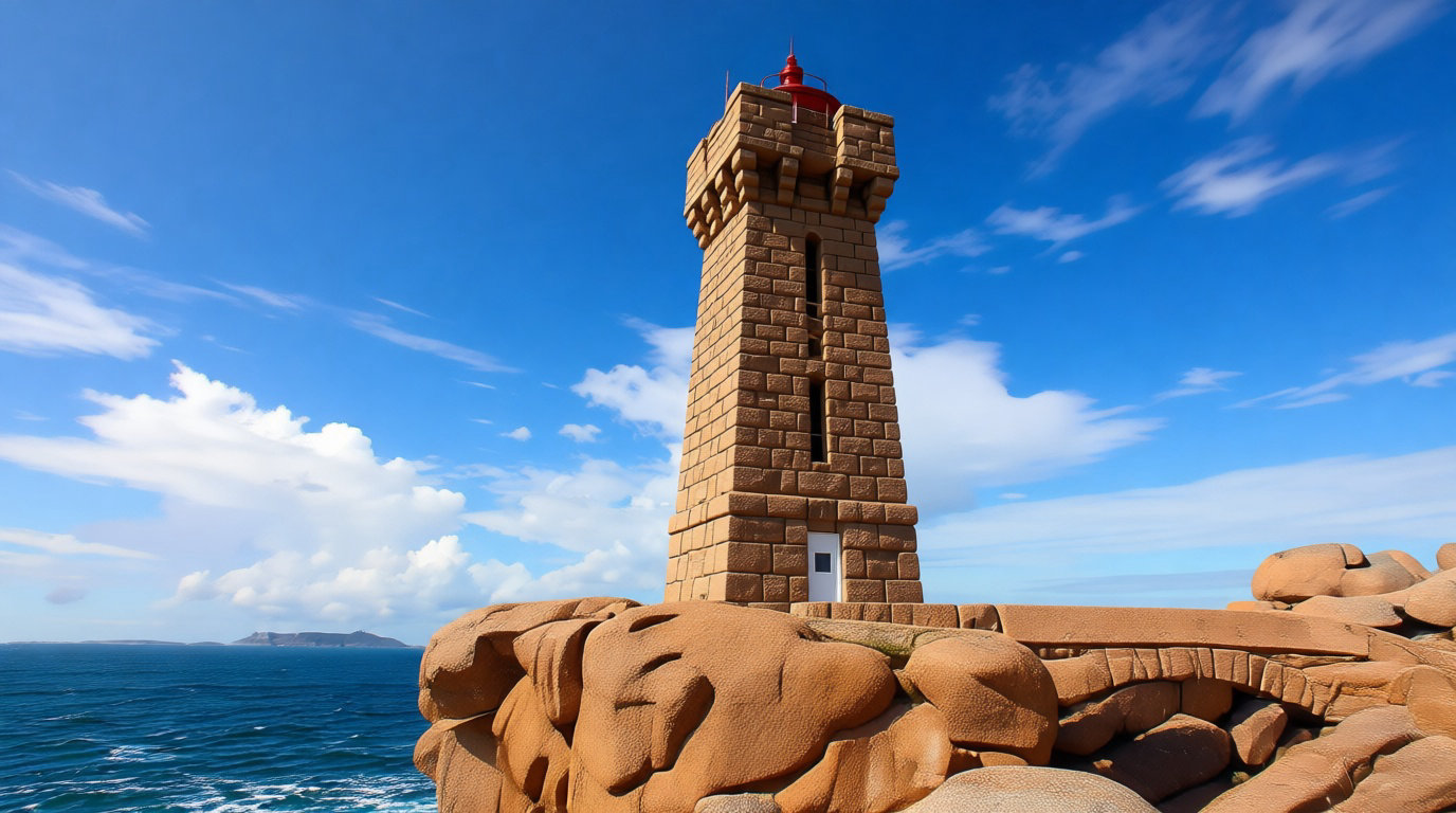 Phare posé sur les rochers de granit rose du littoral breton sous un ciel lumineux