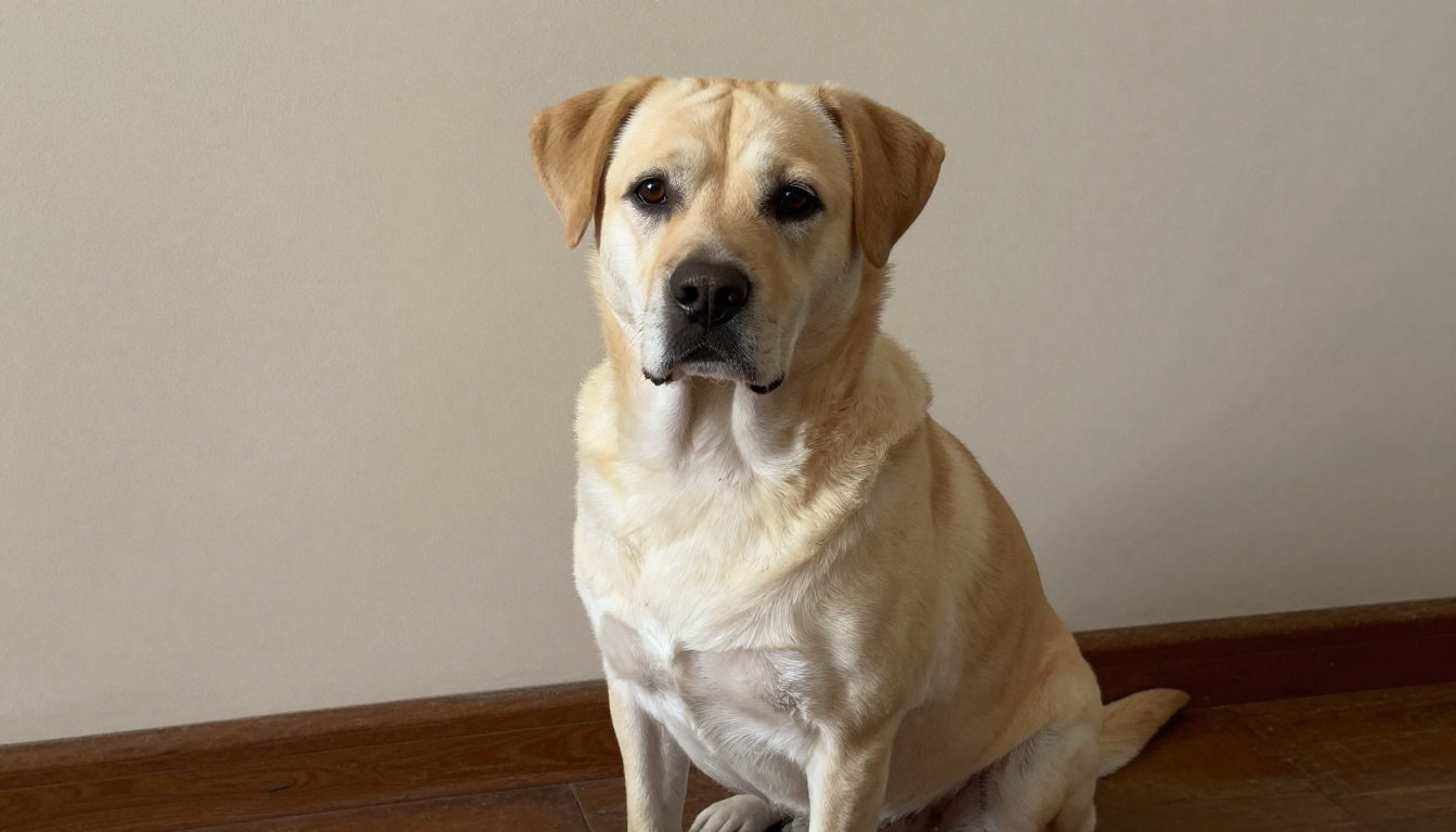Chien labrador assis contre un mur, au calme