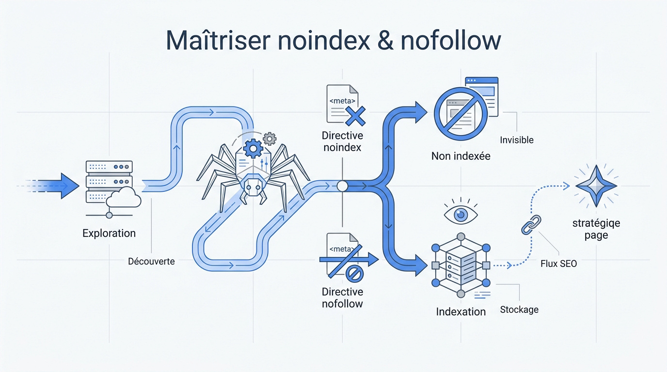 Schéma explicatif des balises noindex et nofollow pour le SEO