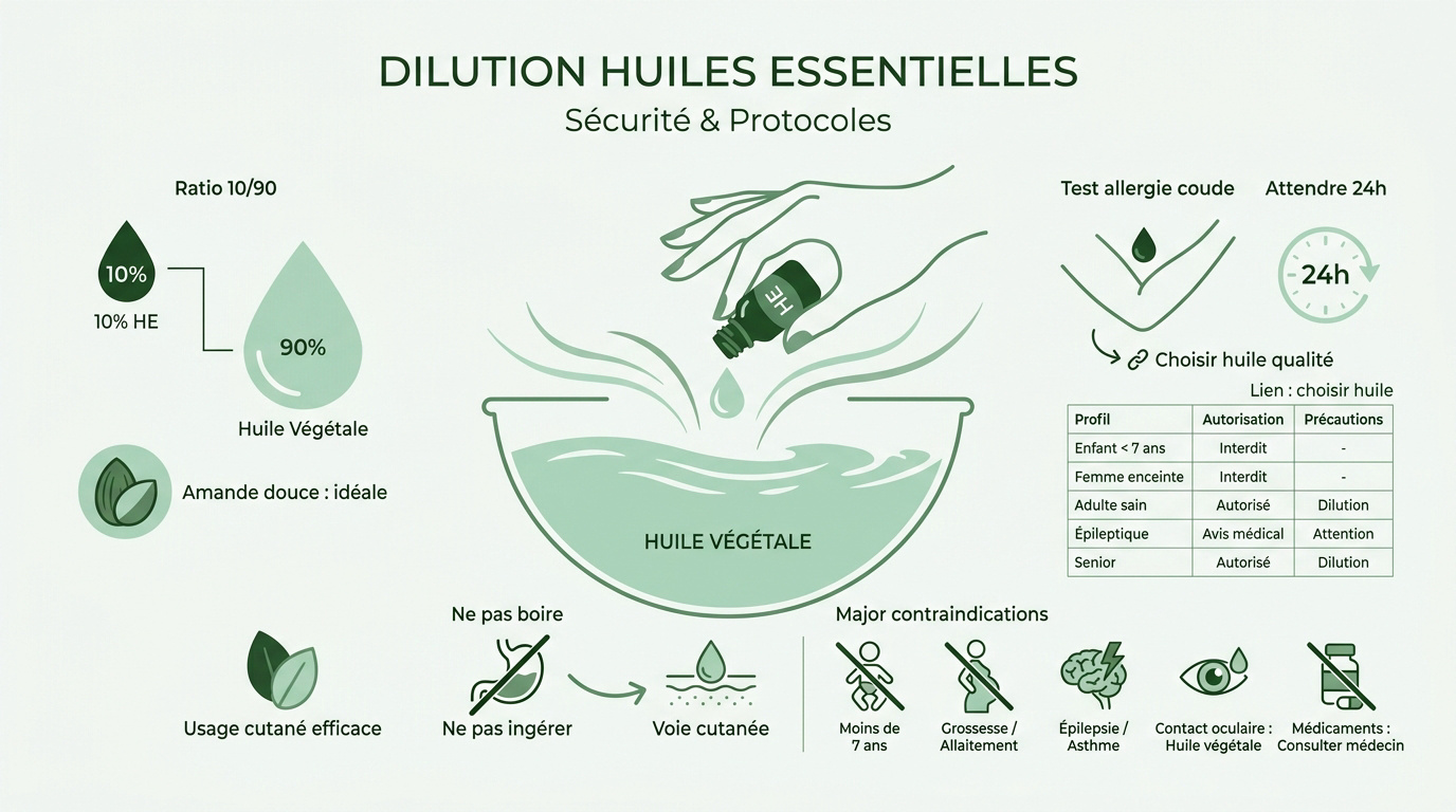 Infographic of essential oil dilution ratios and safety steps