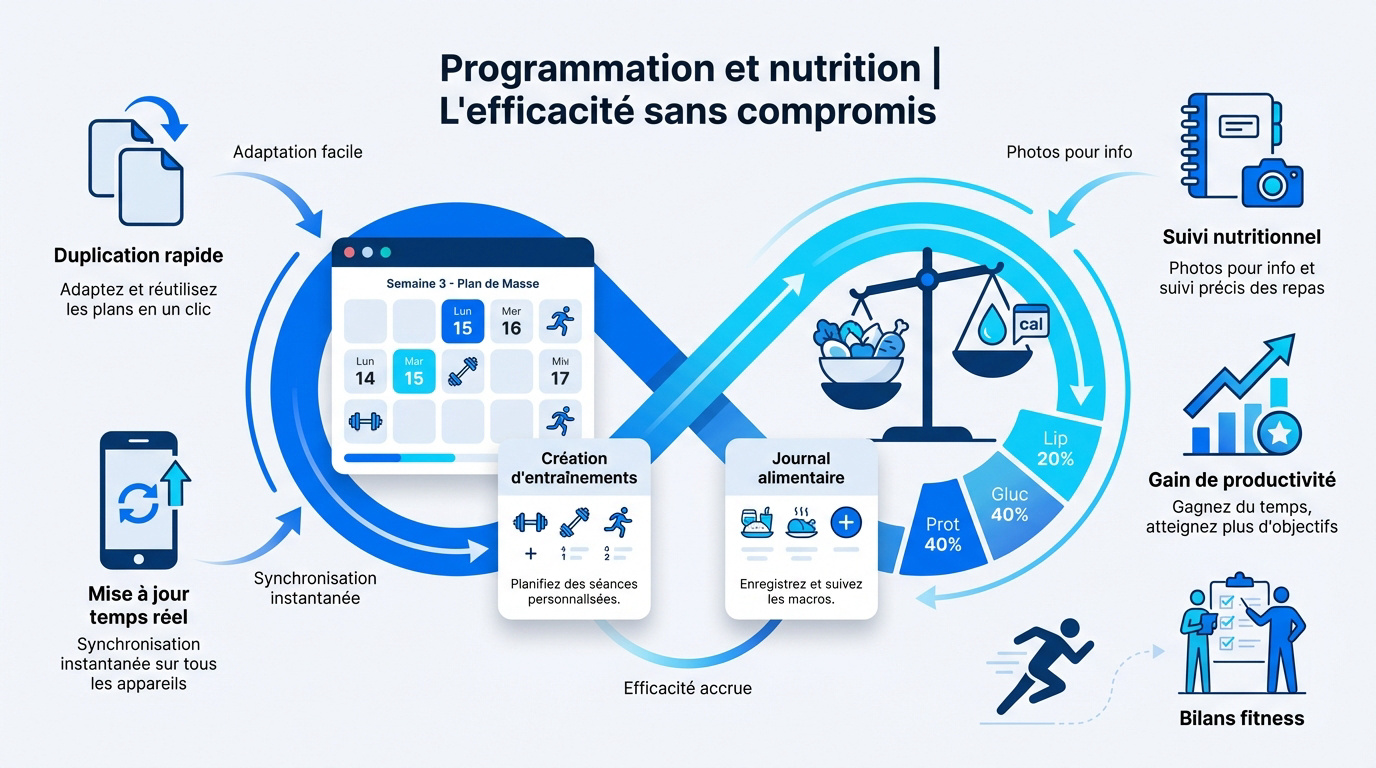 Infographie sur la gestion de la programmation sportive et du suivi nutritionnel pour coachs