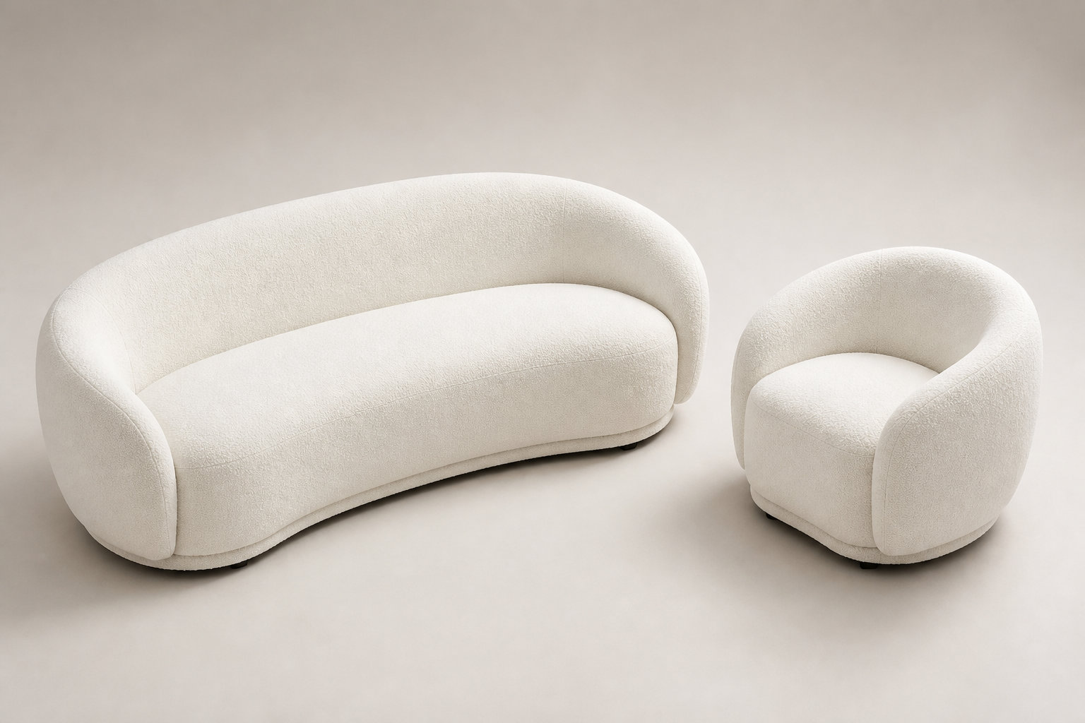 Ensemble Canapé Arrondi 3 Places Et Fauteuil Arrondi Blanc Ivoire - BOVANA