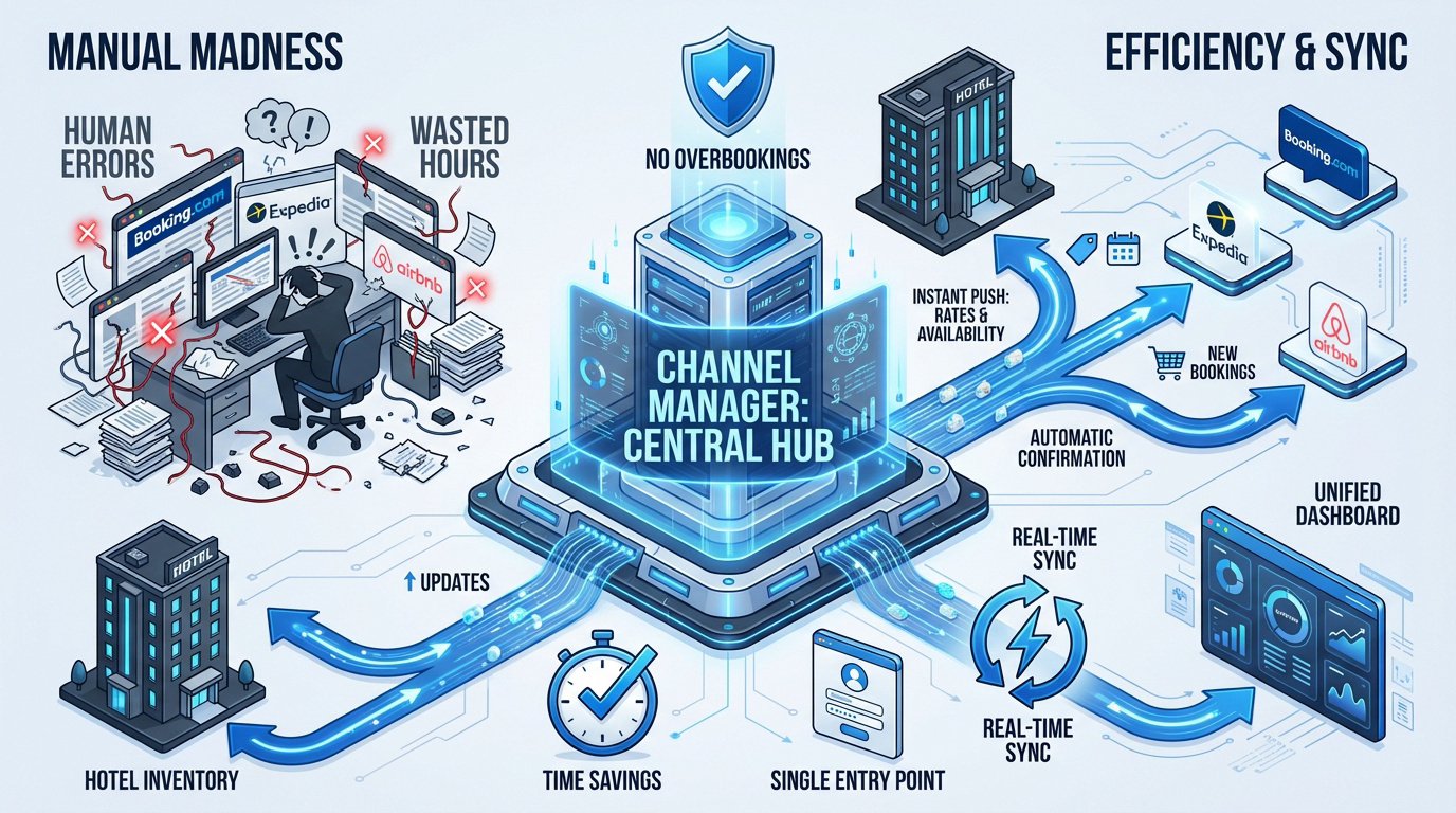 A hotel owner transitioning from manual extranet updates to an automated channel manager system for efficient distribution