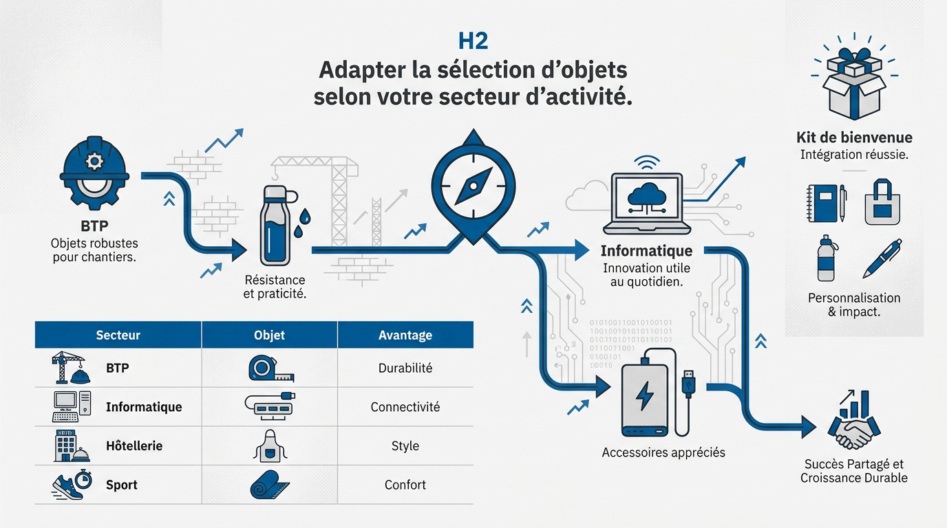 Infographie présentant les objets promotionnels recommandés par secteur d'activité comme le BTP et l'informatique