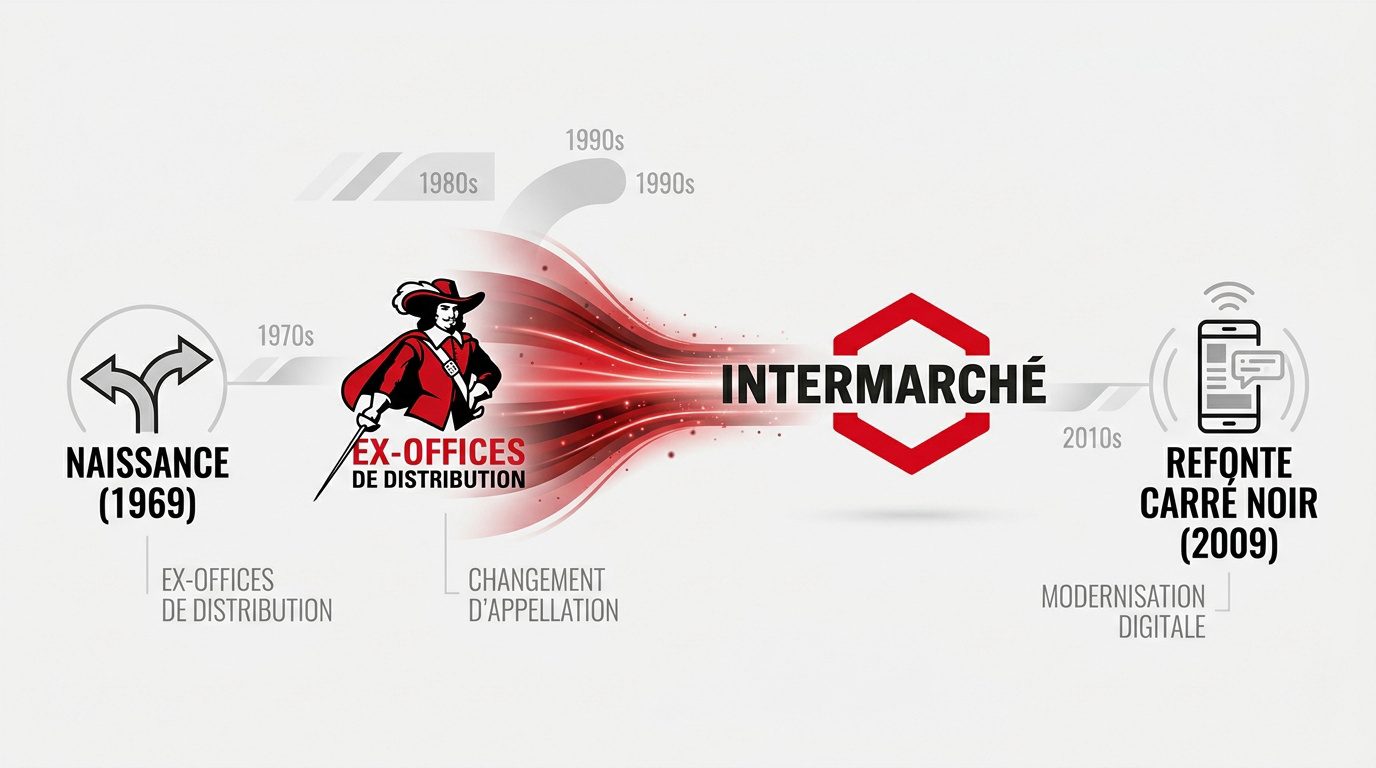 Évolution historique du logo Intermarché du mousquetaire traditionnel au design moderne de 2009